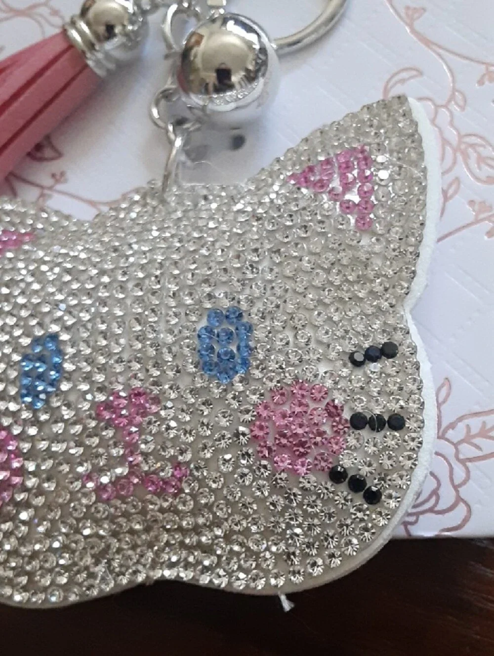 Blingy Cat Keychain with Pink Tassel and Blue Eyes